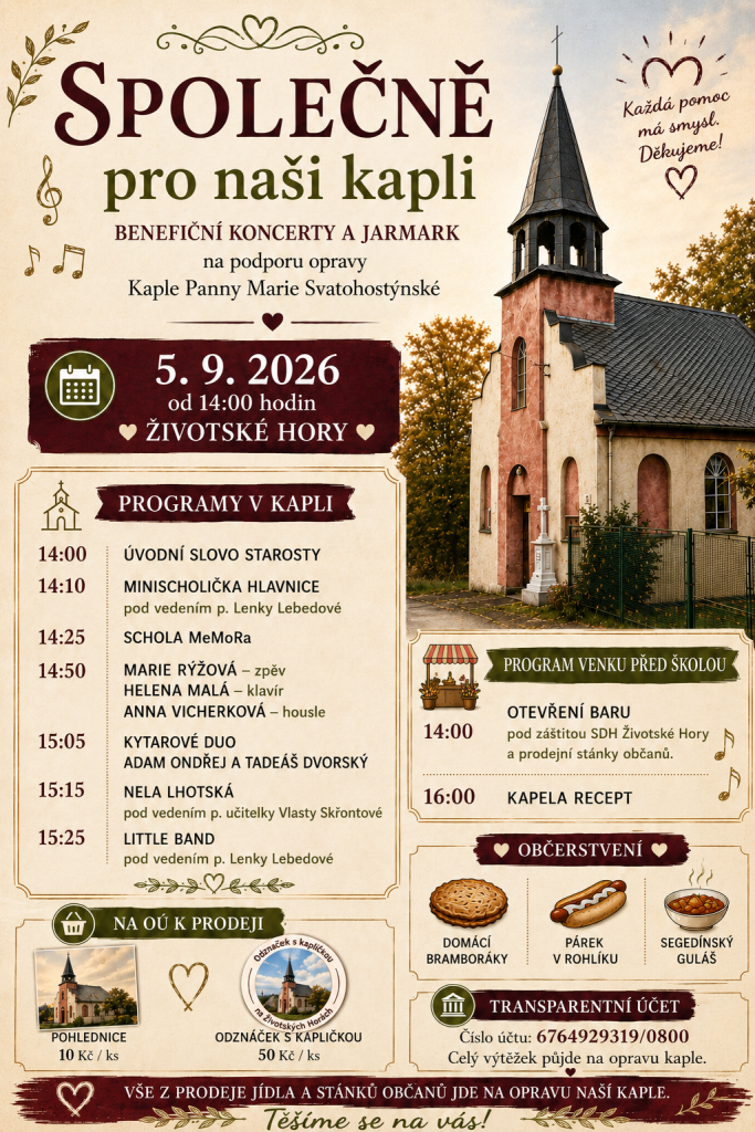 Benefiční odpoledne „Společně pro&nbsp;naši kapličku“, jehož součástí budou benefiční koncerty a&nbsp;jarmark.